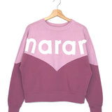 Purple and pink sweatshirt with 'narar' text on a hanger against a white background