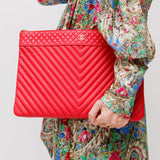 Pink Chevron Quilted Leather O-Case Zip Large Clutch / CHANEL