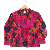 Pink Floral Print Lace Balloon Sleeves Blouse / FARM RIO - Size XS