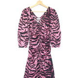 Pink Ruched Zebra-print Stretch Satin Midi Dress / GANNI - Size 34