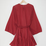 Red Cotton Poplin Belted Mini Dress - model ELLA / RHODE - Size S