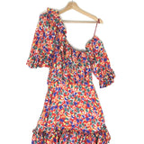 Red Floral Silk One-Shoulder Ruffled Mini Dress / SAINT LAURENT - Size 42