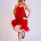 Red Lurex Lumière Plumage Feather Trim Mini Dress / OSEREE - Size S/M