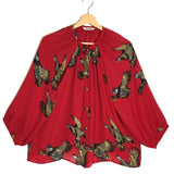Red Pheasant Print Silk Blouse / TUCKER - Size S