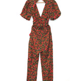 Red Printed Open Back Puffed Sleeves Jumpsuit / FARM RIO - Size XS