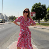 Red RIMA Floral Print Short Sleeves Midi Dress / ZADIG & VOLTAIRE - Size XS