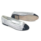 Silver Glitter with Black Cap Toe CC Ballet Flats / CHANEL - Size 37C