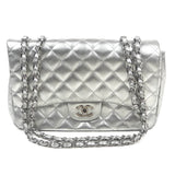 Silver Quilted Jumbo Classic Single Flap Lambskin Leather Bag / CHANEL