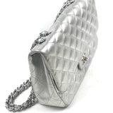 Silver Quilted Jumbo Classic Single Flap Lambskin Leather Bag / CHANEL