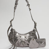 SIlver Studded Textured Leather Shoulder Bag - model CAGOLE XS / BALENCIAGA