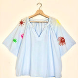Sky Blue Embroidered Cotton Oversized Short Sleeves Blouse - One Size