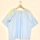 Sky Blue Embroidered Cotton Oversized Short Sleeves Blouse - One Size