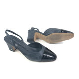 Storm Grey Logo with Black Patent Cap Toe Pumps / CHANEL - Size 37C
