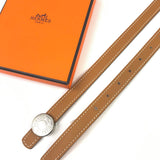 Tan Gold CLOU DE SELLE Leather Silver-tone Medallion Buckle Belt / HERMES - Size 90 cm