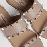 Taupe Leather Rockstud Flat Sandals / VALENTINO - Size 37.5