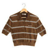Tobacco and Ivory Striped Viscose Polo Shirt / MIU MIU - Size 38