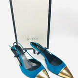 Tricolor Blue-Green/Gold Kitten Heels Slingback Sandals / GUCCI - Size 38.5
