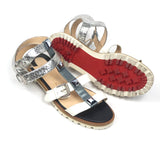 Tricolor Leather and Python Embossed Studded Rock N' Buckle Flat Sandals / CHRISTIAN LOUBOUTIN - Size 37