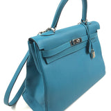 Turquoise Togo Kelly Retourne 35 Palladium Hardware Bag / HERMES
