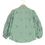 Green checkered shirt with embroidered details on a hanger against a white background
