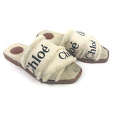 White Canvas and Fur Shearling Woody Slide Flats / CHLOE - Size 39