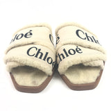 White Canvas and Fur Shearling Woody Slide Flats / CHLOE - Size 39