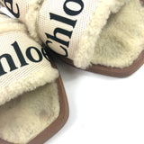 White Canvas and Fur Shearling Woody Slide Flats / CHLOE - Size 39