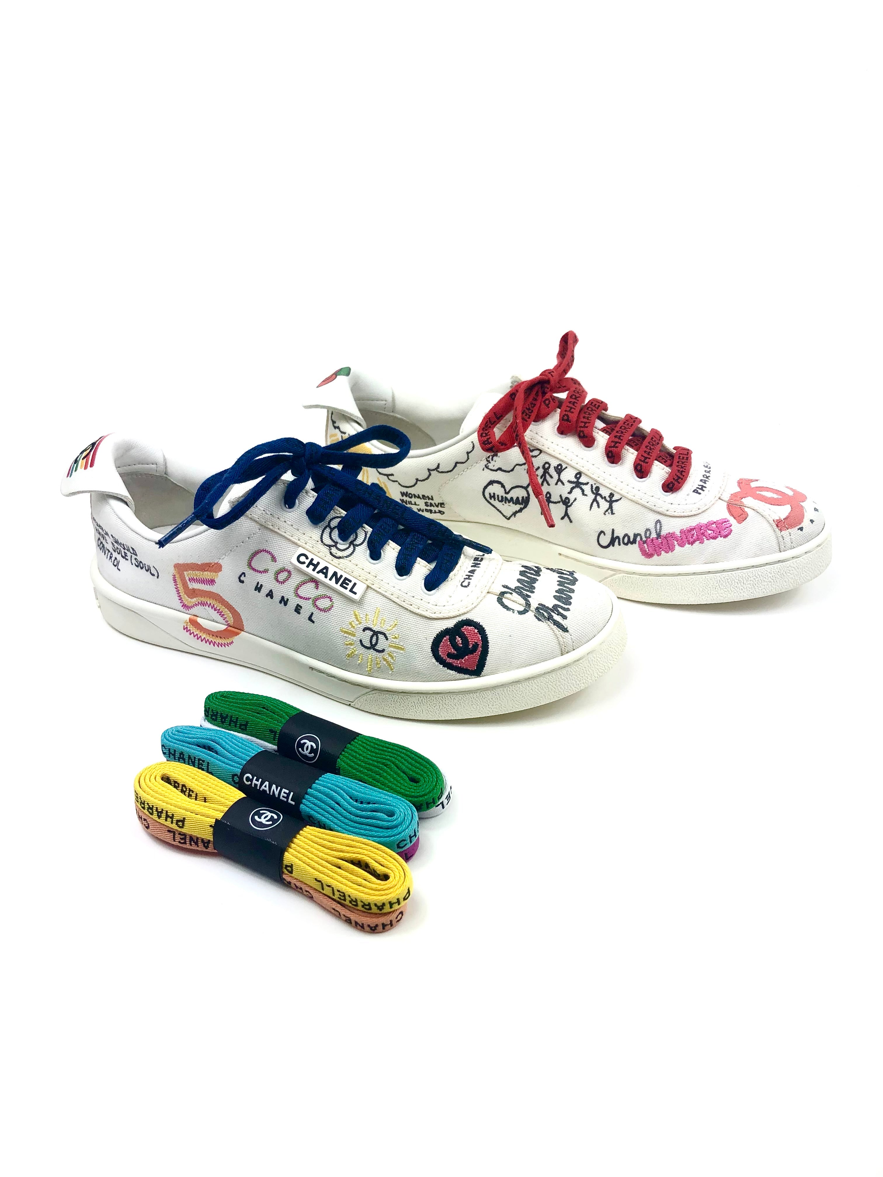 White Canvas Graffiti Low Top Sneakers (+ laces) CHANEL X