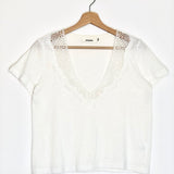 White Cotton and Linen Blend Lace Insert V-neck T-shirt / JUBYLEE - Size S/M