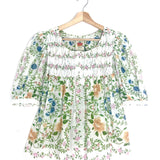White Floral FOLK Cotton Veil Pearl Embellished Blouse / FARM RIO - Size L