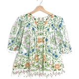 White Floral FOLK Cotton Veil Pearl Embellished Blouse / FARM RIO - Size L