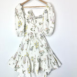 White Floral Print Cut-out Puff Sleeve JEANNIE Cotton-blend Seersucker Mini Dress / ZIMMERMANN - Size 2