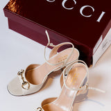 White Horsebit Open-toe Mid-heel Sandals / GUCCI - Size 37.5