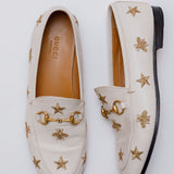 White JORDAAN Embroidered Bees and Stars Horsebit Leather Loafers / GUCCI - Size 37