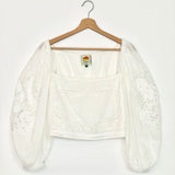 White Lace Trim Puff Sleeves Cotton Blouse / FARM RIO - Size S