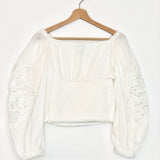 White Lace Trim Puff Sleeves Cotton Blouse / FARM RIO - Size S