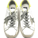 White Leather Low Top Sneakers with Neon Yellow Heel Tab / GOLDEN GOOSE - Size 38