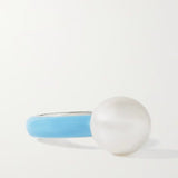 White Pearl and Blue Enamel in Sterling Silver Ring / FRY POWERS