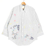 White Striped Paint Splatter Scribble Drop Neck Oversize Shirt / R13 - Size XS