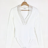 White VIENNE Openwork V-Neck Knit Bodysuit / ALAIA - Size 36