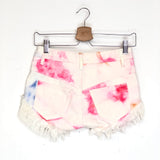 White/Pink ENEIDA Tie-dyed Bleached Fringe Distressed Mini Shorts / ISABEL MARANT - Size 36