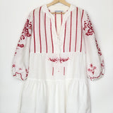 White/Red Contrast Embroidered Linen Mini Dress / GREEK ARCHAIC KORI - Size L