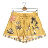 Yellow Sunset Shades Printed Linen Shorts / ALEMAIS - Size AUS 10
